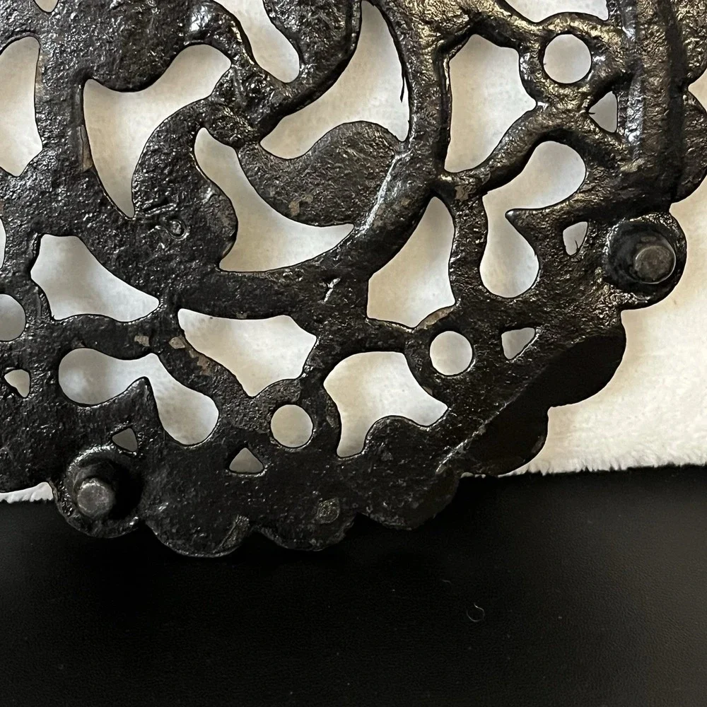 Vintage Cast Iron Trivet Footed 1952 JHZ Fan Hearts Scalloped Design